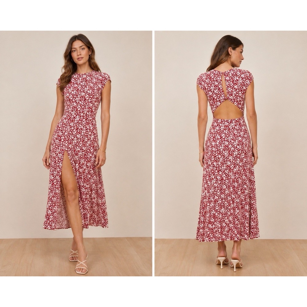 Reformation Gavin Cap Sleeve Viscose/Rayon Crepe Midi w/ Back Cutout Red/sz 2